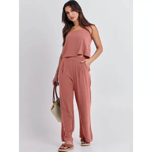 imageANRABESS Womens 2 Piece Outfits Square Neck Linen Tank Crop Top Wide Leg Pants Matching Lounge Set TracksuitRust