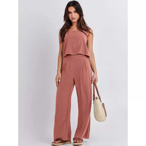 imageANRABESS Womens 2 Piece Outfits Square Neck Linen Tank Crop Top Wide Leg Pants Matching Lounge Set TracksuitRust