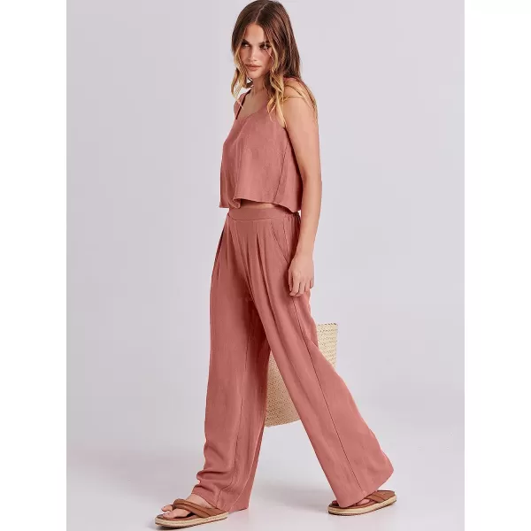 imageANRABESS Womens 2 Piece Outfits Square Neck Linen Tank Crop Top Wide Leg Pants Matching Lounge Set TracksuitRust