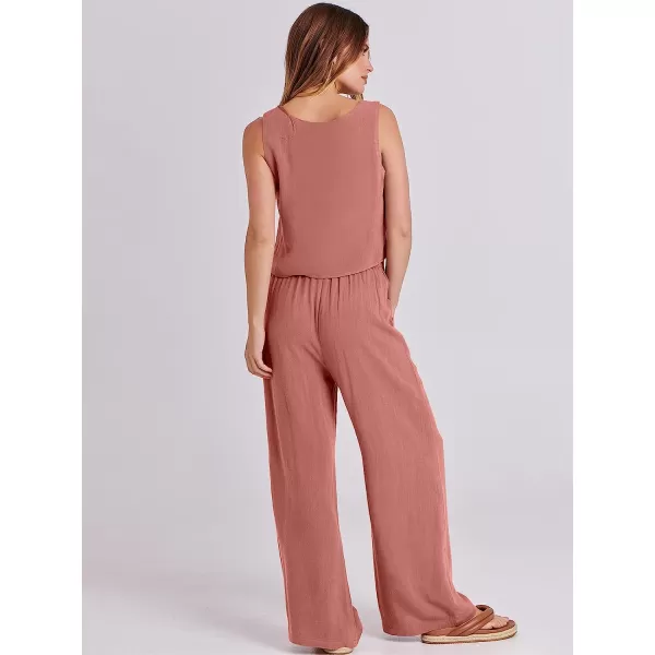 imageANRABESS Womens 2 Piece Outfits Square Neck Linen Tank Crop Top Wide Leg Pants Matching Lounge Set TracksuitRust