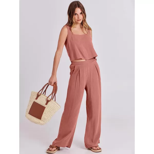 imageANRABESS Womens 2 Piece Outfits Square Neck Linen Tank Crop Top Wide Leg Pants Matching Lounge Set TracksuitRust