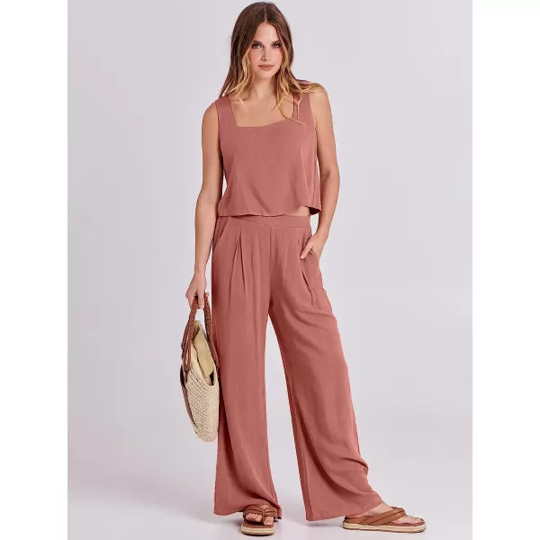 imageANRABESS Womens 2 Piece Outfits Square Neck Linen Tank Crop Top Wide Leg Pants Matching Lounge Set TracksuitRust