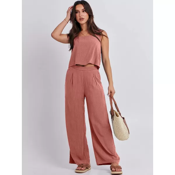 imageANRABESS Womens 2 Piece Outfits Square Neck Linen Tank Crop Top Wide Leg Pants Matching Lounge Set TracksuitRust