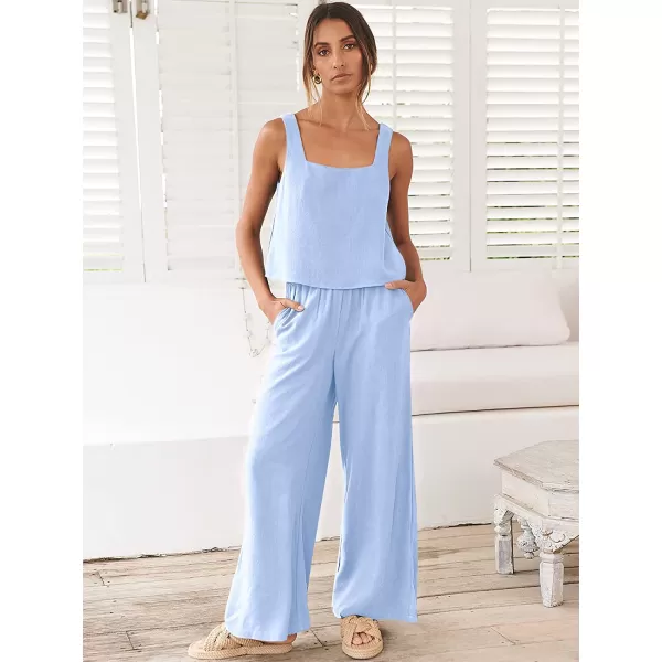 imageANRABESS Womens 2 Piece Outfits Square Neck Linen Tank Crop Top Wide Leg Pants Matching Lounge Set TracksuitSky