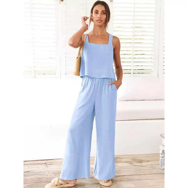 imageANRABESS Womens 2 Piece Outfits Square Neck Linen Tank Crop Top Wide Leg Pants Matching Lounge Set TracksuitSky