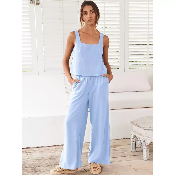 imageANRABESS Womens 2 Piece Outfits Square Neck Linen Tank Crop Top Wide Leg Pants Matching Lounge Set TracksuitSky