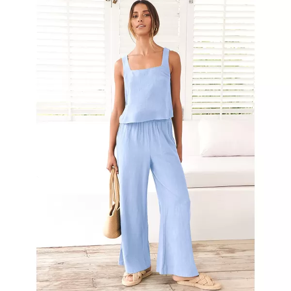 imageANRABESS Womens 2 Piece Outfits Square Neck Linen Tank Crop Top Wide Leg Pants Matching Lounge Set TracksuitSky