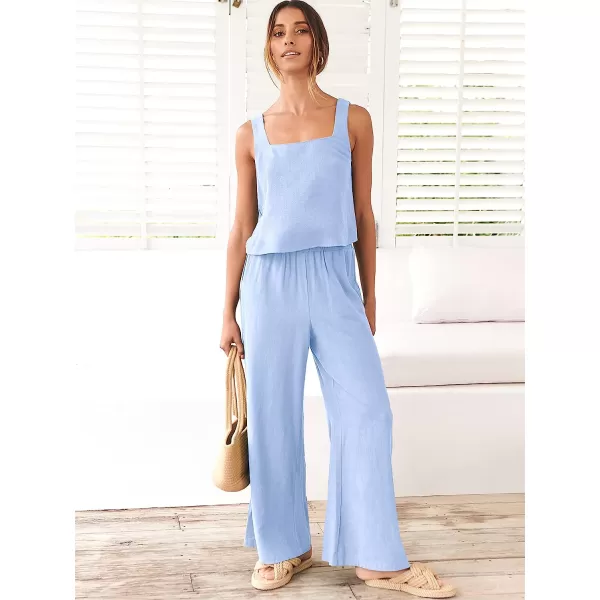 imageANRABESS Womens 2 Piece Outfits Square Neck Linen Tank Crop Top Wide Leg Pants Matching Lounge Set TracksuitSky