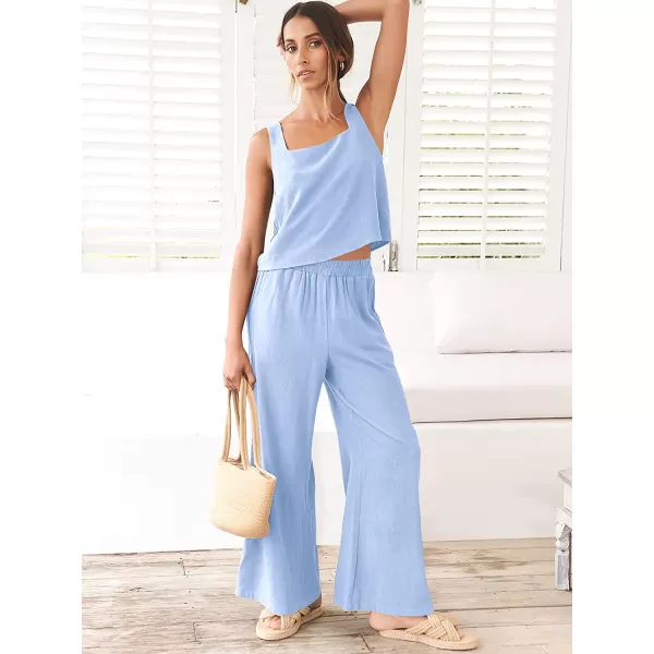 imageANRABESS Womens 2 Piece Outfits Square Neck Linen Tank Crop Top Wide Leg Pants Matching Lounge Set TracksuitSky