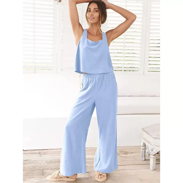 imageANRABESS Womens 2 Piece Outfits Square Neck Linen Tank Crop Top Wide Leg Pants Matching Lounge Set TracksuitSky