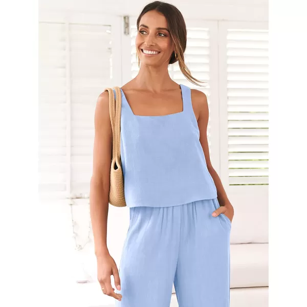imageANRABESS Womens 2 Piece Outfits Square Neck Linen Tank Crop Top Wide Leg Pants Matching Lounge Set TracksuitSky
