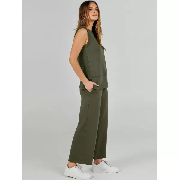 imageANRABESS Womens 2 Piece Outfits Summer Outfits Sleeveless Wide Leg Jumpsuits Casual Lounge SetsArmy Green