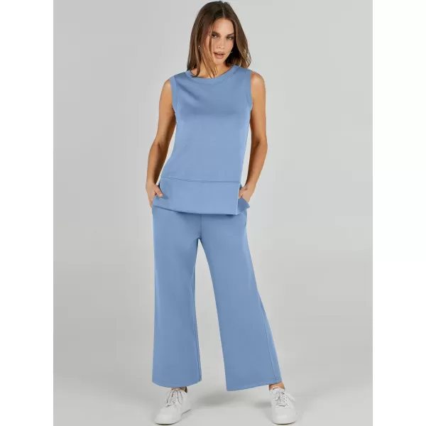 imageANRABESS Womens 2 Piece Outfits Summer Outfits Sleeveless Wide Leg Jumpsuits Casual Lounge SetsBlue