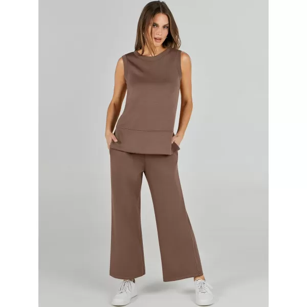 imageANRABESS Womens 2 Piece Outfits Summer Outfits Sleeveless Wide Leg Jumpsuits Casual Lounge SetsBrown