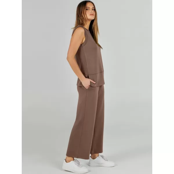 imageANRABESS Womens 2 Piece Outfits Summer Outfits Sleeveless Wide Leg Jumpsuits Casual Lounge SetsBrown