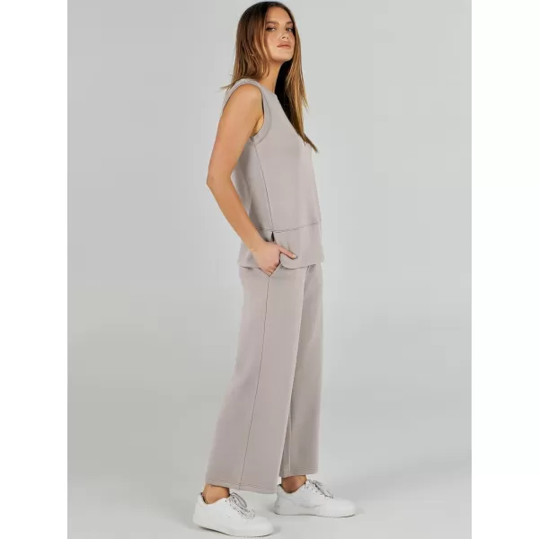 imageANRABESS Womens 2 Piece Outfits Summer Outfits Sleeveless Wide Leg Jumpsuits Casual Lounge SetsLight Khaki