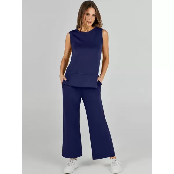 imageANRABESS Womens 2 Piece Outfits Summer Outfits Sleeveless Wide Leg Jumpsuits Casual Lounge SetsNavy