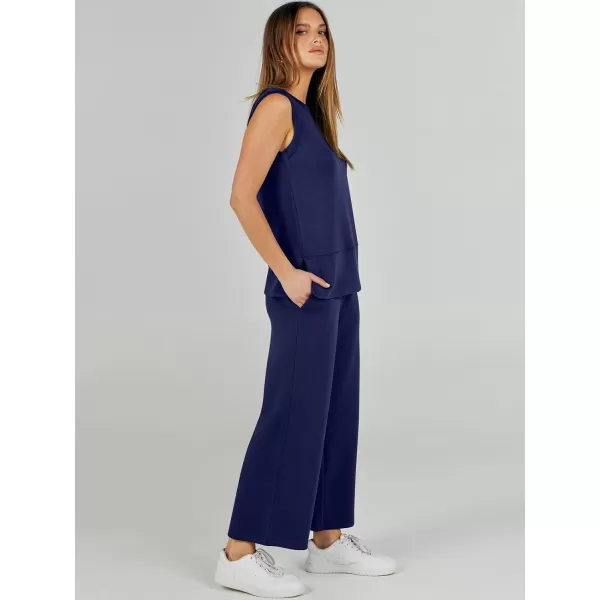 imageANRABESS Womens 2 Piece Outfits Summer Outfits Sleeveless Wide Leg Jumpsuits Casual Lounge SetsNavy