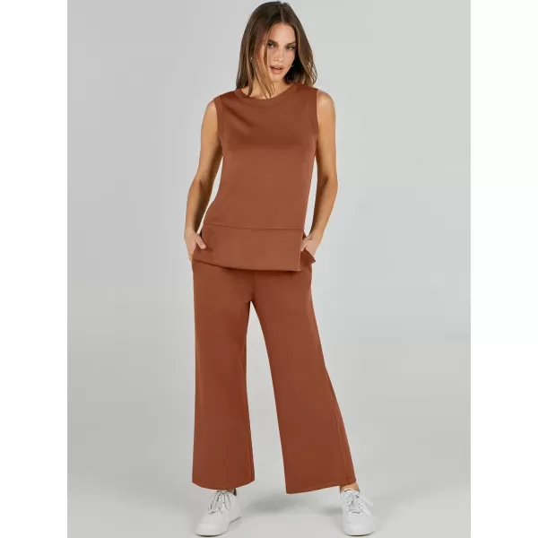 imageANRABESS Womens 2 Piece Outfits Summer Outfits Sleeveless Wide Leg Jumpsuits Casual Lounge SetsRust