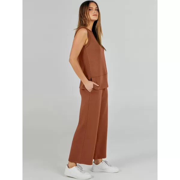imageANRABESS Womens 2 Piece Outfits Summer Outfits Sleeveless Wide Leg Jumpsuits Casual Lounge SetsRust