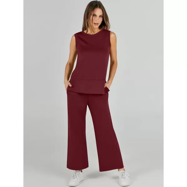 imageANRABESS Womens 2 Piece Outfits Summer Outfits Sleeveless Wide Leg Jumpsuits Casual Lounge SetsWine Red