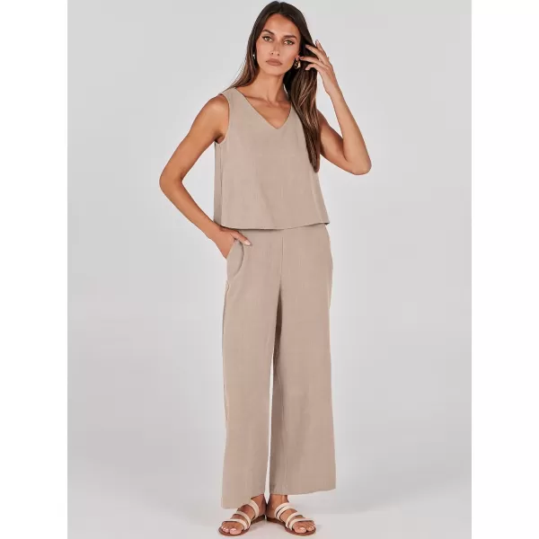 imageANRABESS Womens 2 Piece Outfits Summer Sleeveless Tank Crop Button Back Top Wide Leg Pants Linen Set with PocketsAlmond