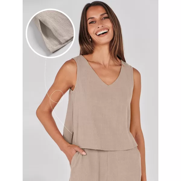 imageANRABESS Womens 2 Piece Outfits Summer Sleeveless Tank Crop Button Back Top Wide Leg Pants Linen Set with PocketsAlmond
