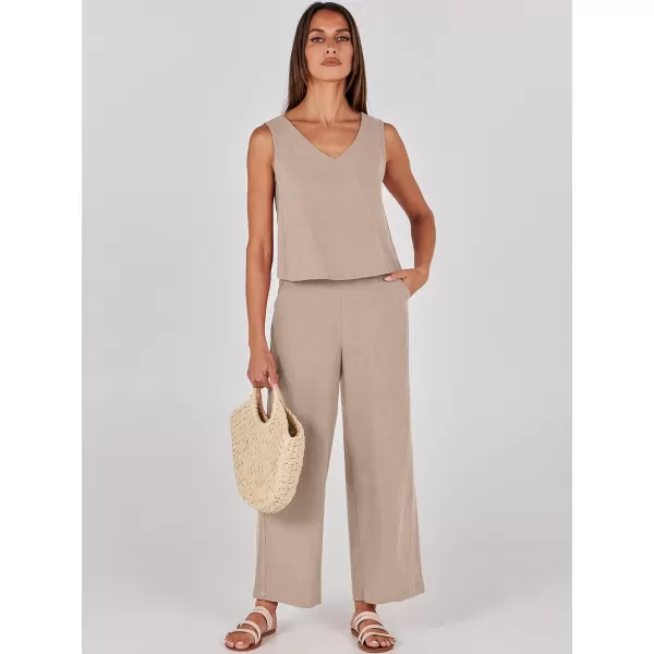 imageANRABESS Womens 2 Piece Outfits Summer Sleeveless Tank Crop Button Back Top Wide Leg Pants Linen Set with PocketsAlmond