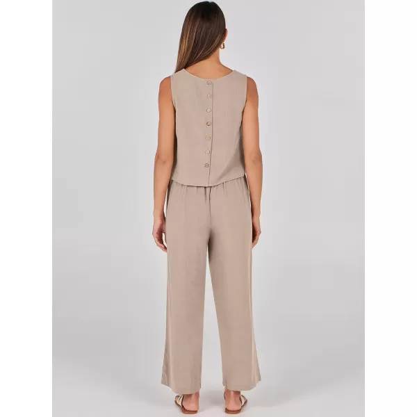 imageANRABESS Womens 2 Piece Outfits Summer Sleeveless Tank Crop Button Back Top Wide Leg Pants Linen Set with PocketsAlmond