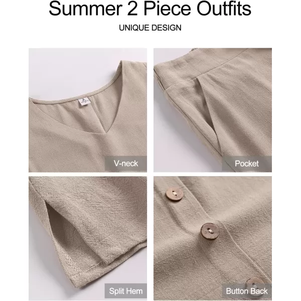 imageANRABESS Womens 2 Piece Outfits Summer Sleeveless Tank Crop Button Back Top Wide Leg Pants Linen Set with PocketsAlmond