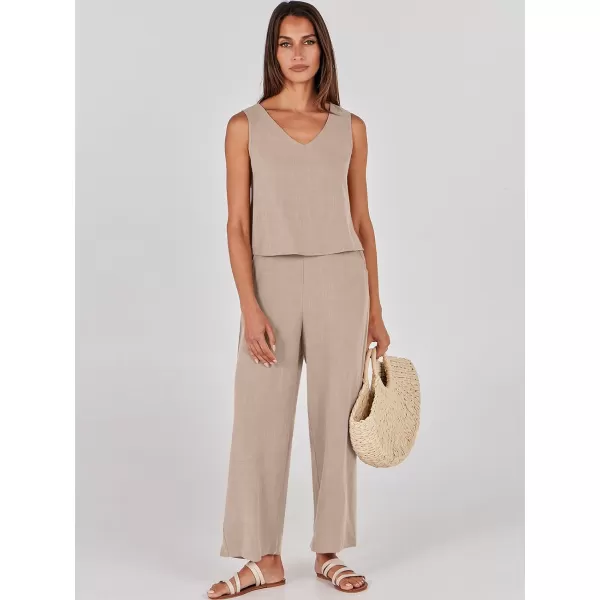 imageANRABESS Womens 2 Piece Outfits Summer Sleeveless Tank Crop Button Back Top Wide Leg Pants Linen Set with PocketsAlmond