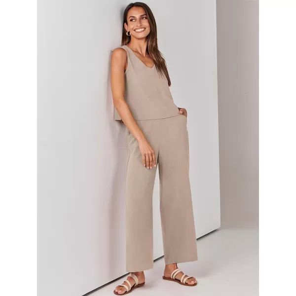 imageANRABESS Womens 2 Piece Outfits Summer Sleeveless Tank Crop Button Back Top Wide Leg Pants Linen Set with PocketsAlmond