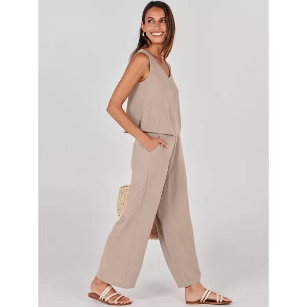 imageANRABESS Womens 2 Piece Outfits Summer Sleeveless Tank Crop Button Back Top Wide Leg Pants Linen Set with PocketsAlmond