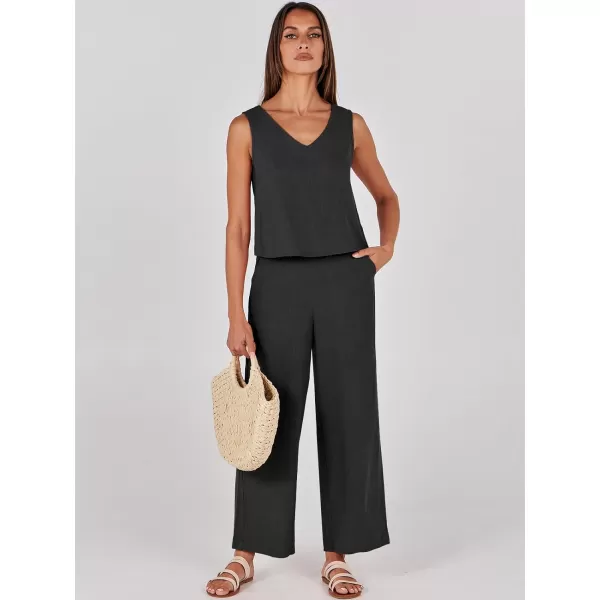 imageANRABESS Womens 2 Piece Outfits Summer Sleeveless Tank Crop Button Back Top Wide Leg Pants Linen Set with PocketsBlack