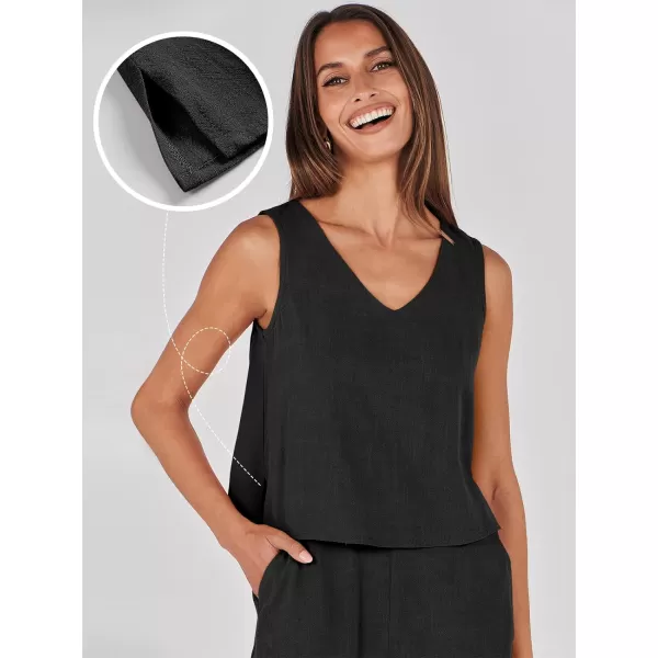 imageANRABESS Womens 2 Piece Outfits Summer Sleeveless Tank Crop Button Back Top Wide Leg Pants Linen Set with PocketsBlack