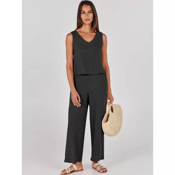 imageANRABESS Womens 2 Piece Outfits Summer Sleeveless Tank Crop Button Back Top Wide Leg Pants Linen Set with PocketsBlack