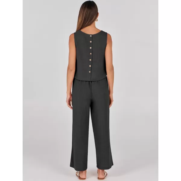 imageANRABESS Womens 2 Piece Outfits Summer Sleeveless Tank Crop Button Back Top Wide Leg Pants Linen Set with PocketsBlack