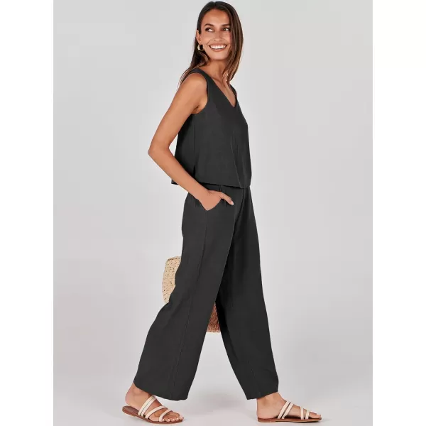 imageANRABESS Womens 2 Piece Outfits Summer Sleeveless Tank Crop Button Back Top Wide Leg Pants Linen Set with PocketsBlack