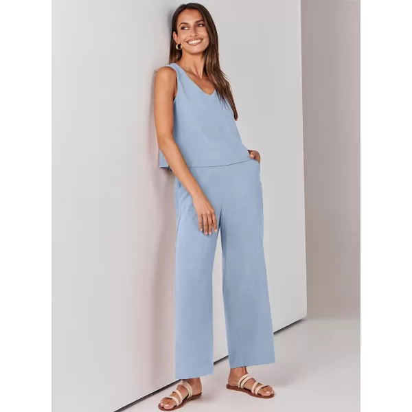 imageANRABESS Womens 2 Piece Outfits Summer Sleeveless Tank Crop Button Back Top Wide Leg Pants Linen Set with PocketsBlue