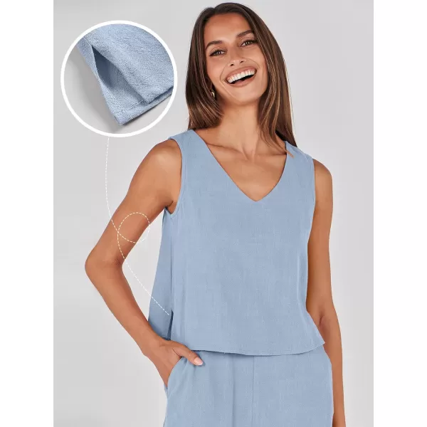 imageANRABESS Womens 2 Piece Outfits Summer Sleeveless Tank Crop Button Back Top Wide Leg Pants Linen Set with PocketsBlue