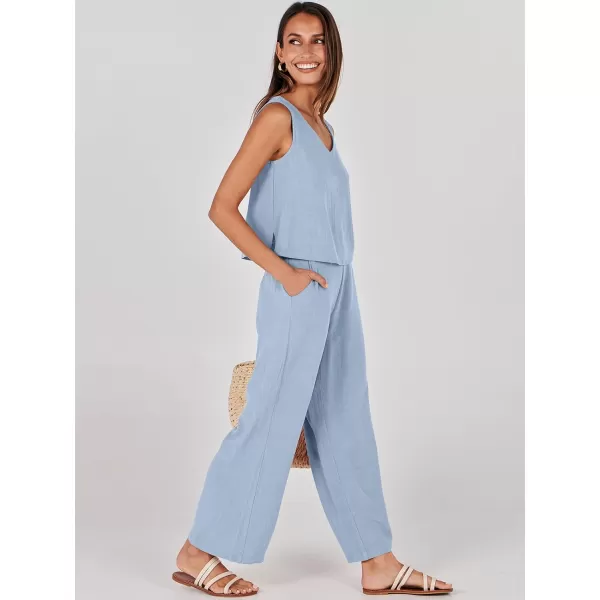 imageANRABESS Womens 2 Piece Outfits Summer Sleeveless Tank Crop Button Back Top Wide Leg Pants Linen Set with PocketsBlue