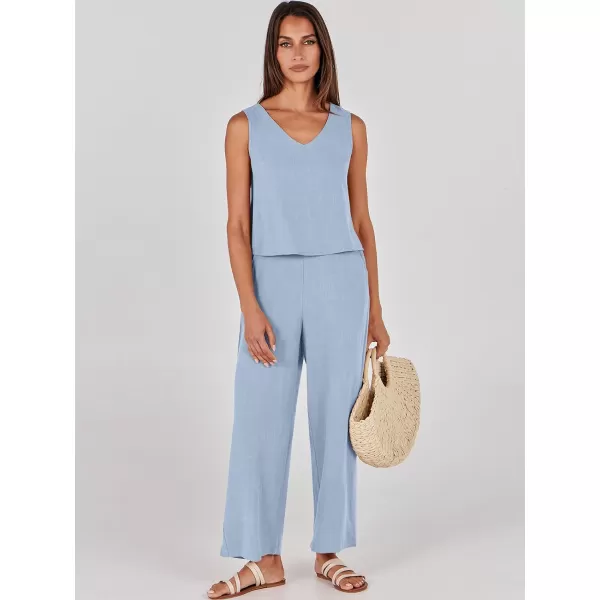 imageANRABESS Womens 2 Piece Outfits Summer Sleeveless Tank Crop Button Back Top Wide Leg Pants Linen Set with PocketsBlue