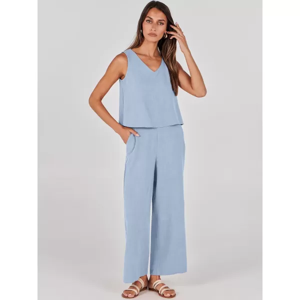 imageANRABESS Womens 2 Piece Outfits Summer Sleeveless Tank Crop Button Back Top Wide Leg Pants Linen Set with PocketsBlue