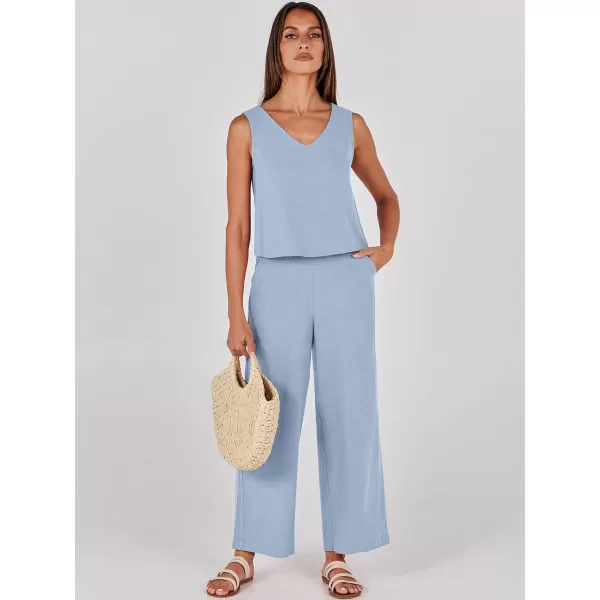 imageANRABESS Womens 2 Piece Outfits Summer Sleeveless Tank Crop Button Back Top Wide Leg Pants Linen Set with PocketsBlue