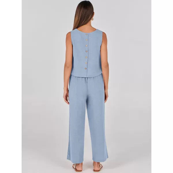 imageANRABESS Womens 2 Piece Outfits Summer Sleeveless Tank Crop Button Back Top Wide Leg Pants Linen Set with PocketsBlue