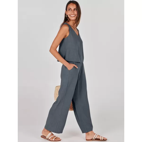 imageANRABESS Womens 2 Piece Outfits Summer Sleeveless Tank Crop Button Back Top Wide Leg Pants Linen Set with PocketsDark Gray