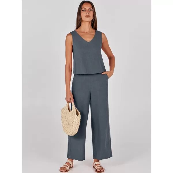 imageANRABESS Womens 2 Piece Outfits Summer Sleeveless Tank Crop Button Back Top Wide Leg Pants Linen Set with PocketsDark Gray