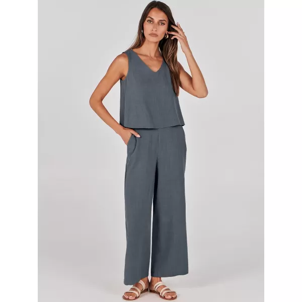 imageANRABESS Womens 2 Piece Outfits Summer Sleeveless Tank Crop Button Back Top Wide Leg Pants Linen Set with PocketsDark Gray