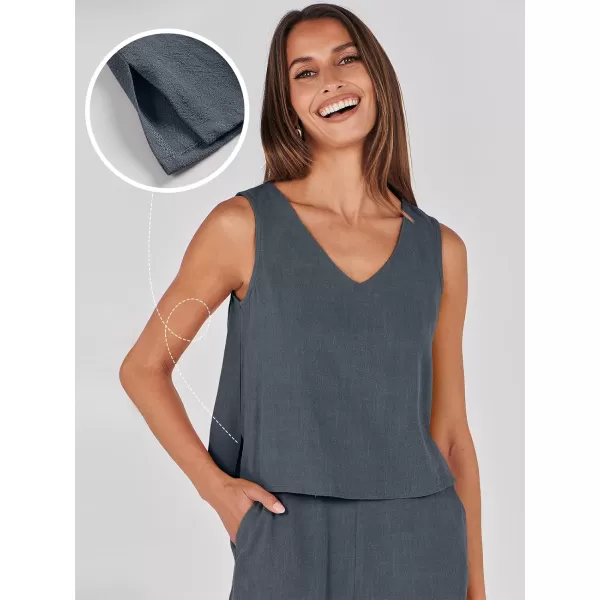 imageANRABESS Womens 2 Piece Outfits Summer Sleeveless Tank Crop Button Back Top Wide Leg Pants Linen Set with PocketsDark Gray