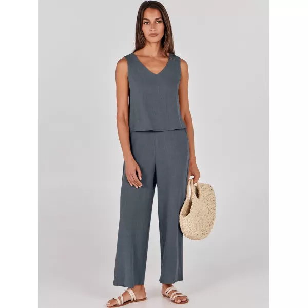 imageANRABESS Womens 2 Piece Outfits Summer Sleeveless Tank Crop Button Back Top Wide Leg Pants Linen Set with PocketsDark Gray